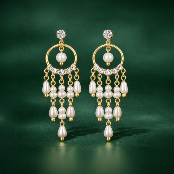 Náušnice ve tvaru lapače snů s perlami Lucilla, Zlatá Bílá