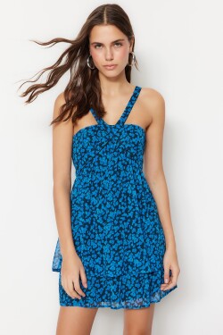 Trendyol modré mini lemované květinový límec detailní tkané šaty