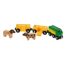 Zemědělský vlak pro přepravu zvířat se vagónky, krávou, koněm