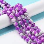 Skleněné korálky - malované - fialovo bílé - ∅ 8 mm - 10 ks