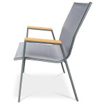 Židle zahradní šedý textilen, šedá kovová konstrukce, područky polywood v dekoru dubu