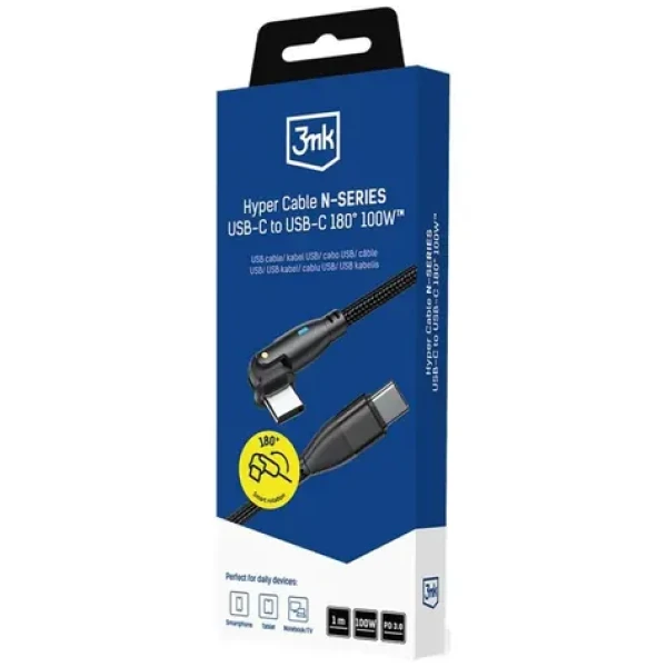 3mk Hyper kabel N-SERIES USB-C na USB-C 1m černá / Nabíjecí kabel / 180° otočný konektor / 100W / PD 3.0 / QC 3.0 (5903108758222)