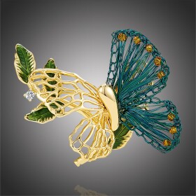 Exkluzivní brož se zirkony Jeanine - ručně háčkovaný motýl, Zlatá