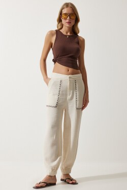 Happiness İstanbul Women's Cream Embroidery Detail Muslin Trousers