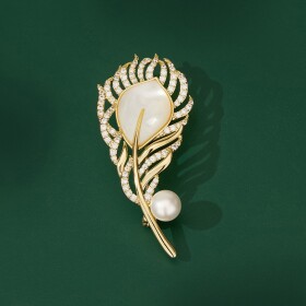Exkluzivní brož perlou zirkony Paví brko, Zlatá