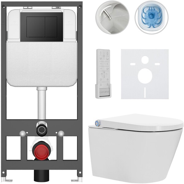 CERANO Závěsné WC s bidetem Basic/Cronus Premium - bílá lesklá - WC tlačítko Maxio/Černá - závěsné - předstěnová instalace - 59,3x38,4 cm