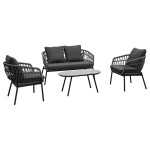 Zahradní set 1+1+2, stůl 90x48, židle a dvojsedačka, Antracitový umělý ratan, kov antracit, tmavě šedá látka.