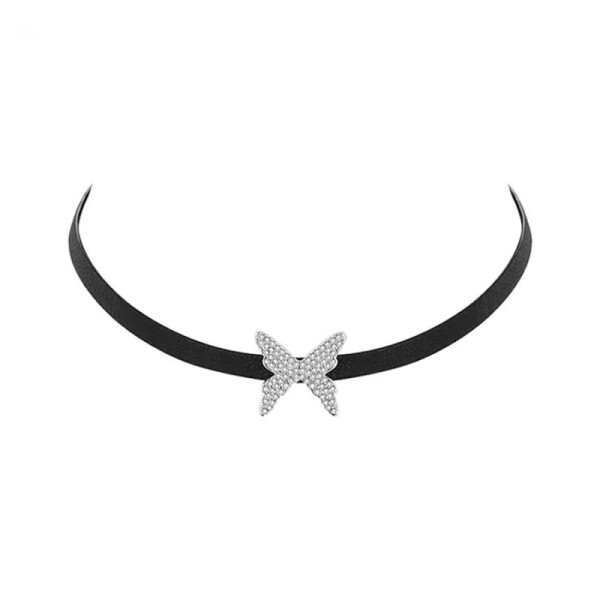 Choker náhrdelník Ynka - motýl, zirkon, Černá 38 cm + 5 cm (prodloužení)