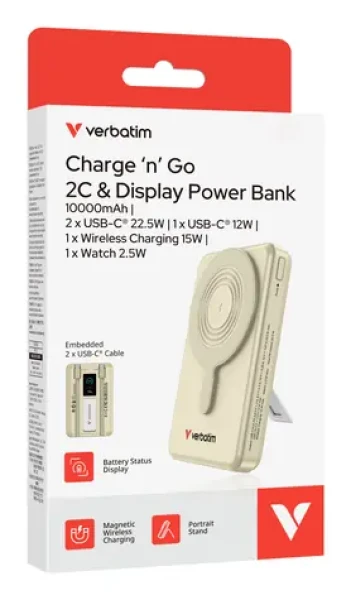 Verbatim Charge 'n' Go 2C zlatá / Powerbanka / 10000 mAh / Displej / USB-C / Bezdrátové nabíjení 15W (32274)