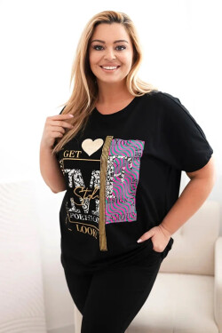 Dámská bavlněná halenka Plus Size s potiskem a flitry černá + růžová UNI