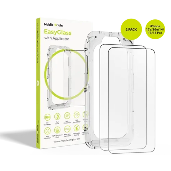 Mobile Origin EasyGlass Ochranné sklo EasyGlass s aplikátorem pro Apple iPhone 17e 16e 14 13 13 Pro / 2ks (EGA-i14-2pk)