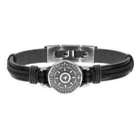 Pánský náramek Větrná růžice - pravá kůže, chirurgická ocel, Černá 22 cm