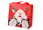 Mamido Vánoční dárková taška Santa Klaus a tučňáčci 22cm x 22cm x 11cm červená