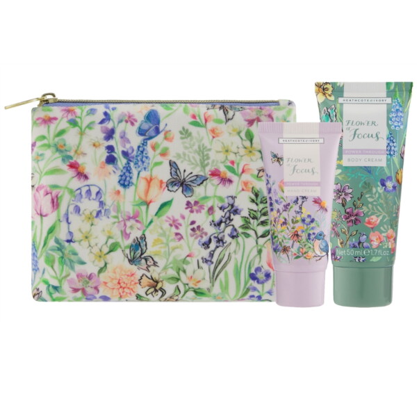 HEATHCOTE & IVORY Dárková sada péče o tělo s kosmetickou taštičkou Flower of Focus, zelená barva, plast, textil