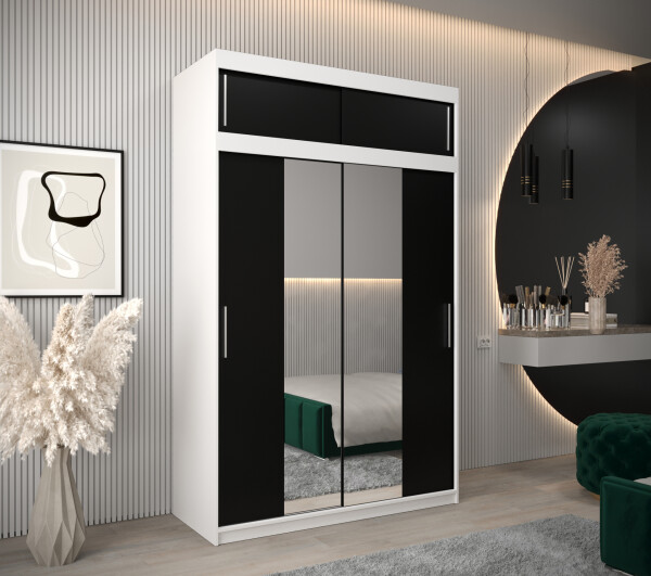 Šatní skříň Abi T1 s nástavcem Barva korpusu: Bílá, Rozměry: 150 cm, Dveře: Černá