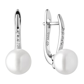 Stříbrné náušnice s bílou perlou a zirkony Amber, stříbro 925/1000, Bílá