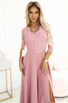 Dámské dlouhé krajkové šaty 309-13 AMBER pudrově růžové - Numoco XXL