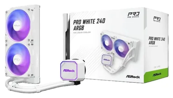 ASRock Pro 240 ARGB bílá / AIO vodní chladič CPU / 2x 120 mm / 3200 RPM / 31 dB / 62,6 CFM (90-APRA24-WAAGA6)