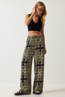 Happiness İstanbul Women's Black Beige Patterned Raw Linen Palazzo Trousers