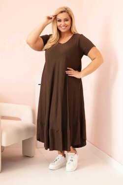 Dámské šaty plus size s krátkým rukávem a volánem z lehké viskózy hnědá UNI