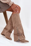 Dámské kozačky nad koleno na sloupkovém podpatku s ozdobným páskem Jolivine – béžové Velikost: 40