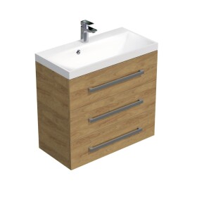 Koupelnová skříňka s chromovými úchyty a umyvadlem SAT Cube Way 80x71x40 cm dub Hickory mat CUBE2803DH CUBE2803DH