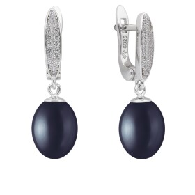 Stříbrné náušnice s černou perlou a zirkony Linda, stříbro 925/1000, Černá