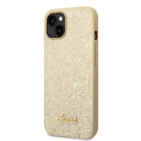 Pouzdro Guess PC/TPU Glitter Flakes Metal Logo iPhone 14 zlaté