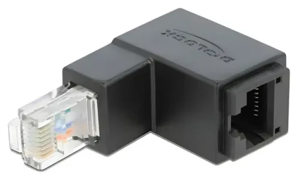 DeLock adaptér RJ45 (M) pravoúhlý dolů - RJ45 (F) Cat.6 UTP černá / Adaptér / Cat6 UTP / pozlacené kontakty (86423)