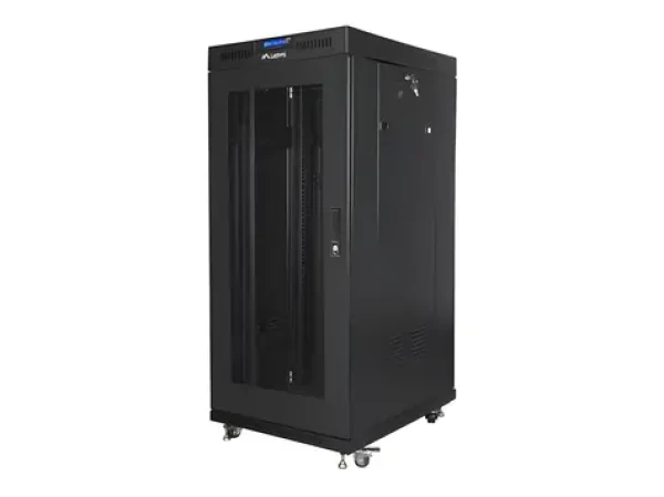 Lanberg Rack 27U/600x600 černá / Stojanový rozvaděč / 19" / Flat pack / Perforované dveře / LCD (FF01-6627-23BL)