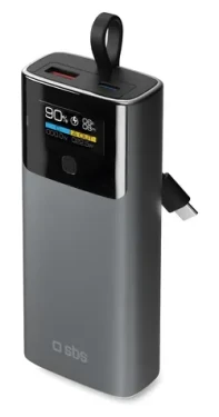 SBS 10000 mAh černá / Powerbank / Power Delivery 20 W / LCD displej / integrovaný kabel / USB-C, USB-A
