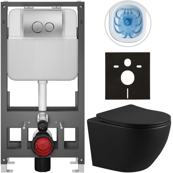 CERANO - Kompletní WC set Basic/Cesso - černá matná - WC tlačítko Dualo/Stříbrná - volně stojící - předstěnová instalace - 49x36 CER-8050BD86342