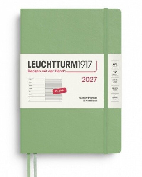 Týdenní plánovač Zápisník Sage, Medium A5 2027, anglicky