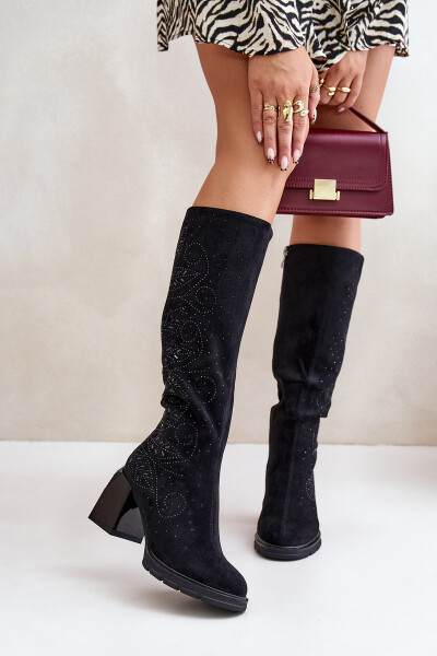 Zdobené dámské kozačky nad kolena zateplené na podpatku černé MR880-158 39