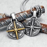 Ocelový náhrdelník s medailonem větrná růžice, kompas, Zlatá 60 cm