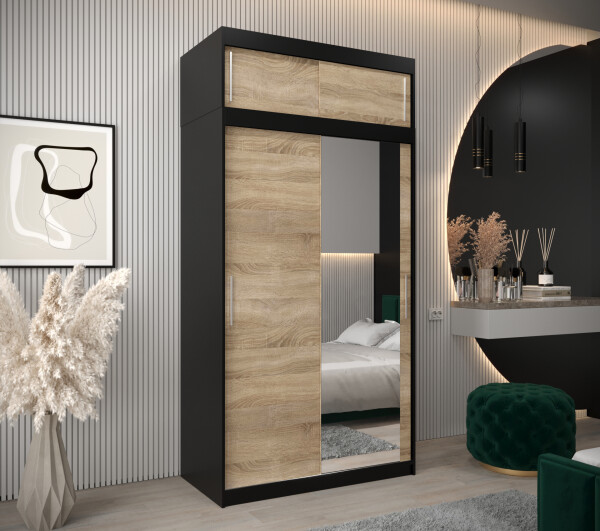 Šatní skříň Abi T2 s nástavcem Barva korpusu: Černá, Rozměry: 120 cm, Dveře: Dub sonoma