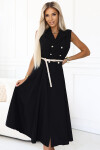 596-3 Elegantní midi košilka se zlatými knoflíky a páskem - ČERNÁ UNI
