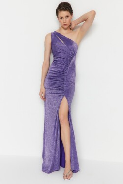 Trendyol fialové pletené lesklé vystřižené okno detailní dlouhé večerní šaty