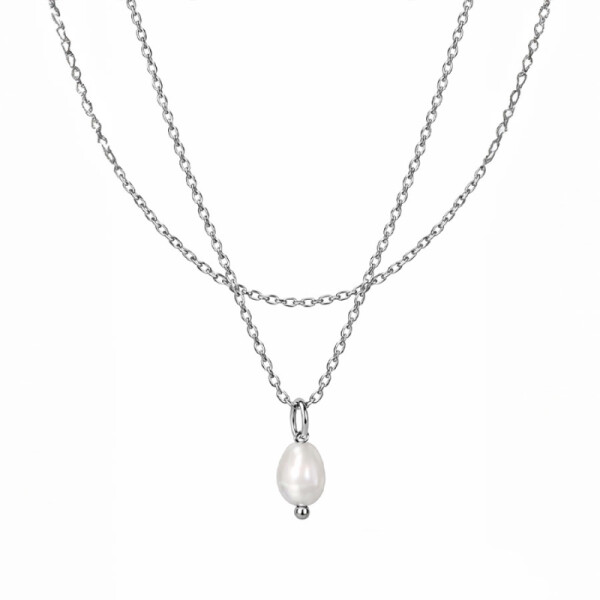 Dvojitý náhrdelník s perlou Éléonore - chirurgická ocel, Stříbrná 38 cm + 5 cm (prodloužení)