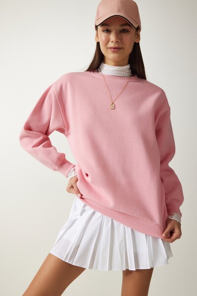 Happiness İstanbul Women's Pink Raised Basic Sweatshirt