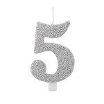 Svíčka číslo 5 stříbrná s glitrem Svíčka číslo 5 stříbrná s glitrem