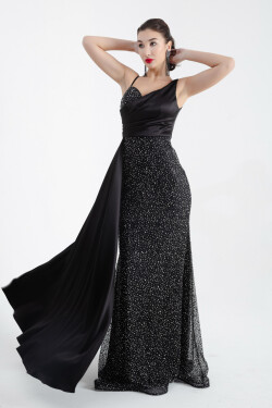 Lafaba Women's Black Thin Strap Stone Long Evening Dress
