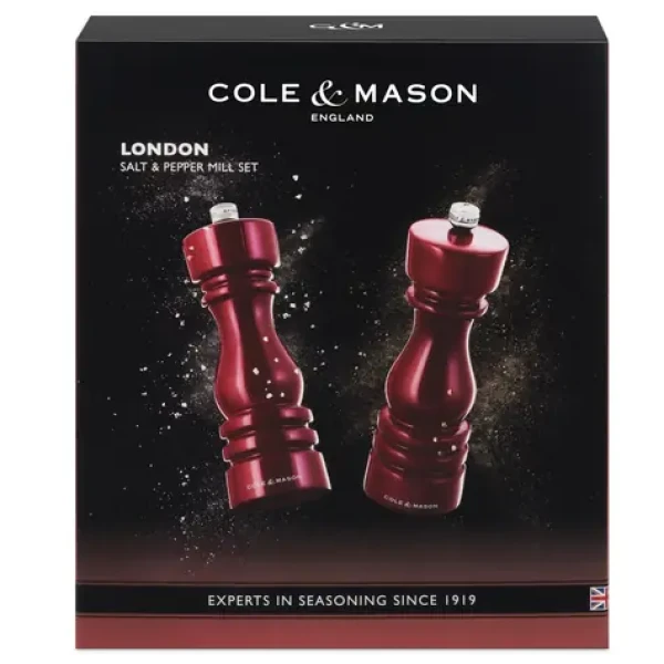 ColeMason London červená Gloss / Sada mlýnků na sůl a pepř / bukové dřevo / 18 cm / dárkové balení (H233101)