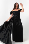 Lafaba Women's Black Boat Neck Train Long Satin Evening Dress Prom Dress