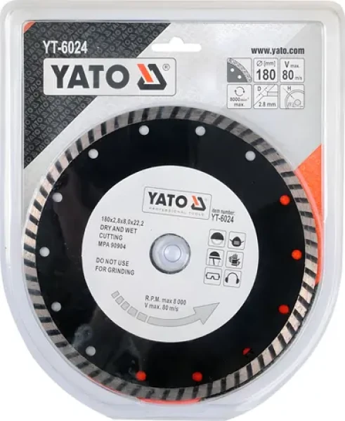 YATO Kotouč diamantový řezný 180x22,2 mm turbo / Suché i mokré řezání / Beton, dlažba, zdivo / Max. 8000 ot/min (YT-6024)