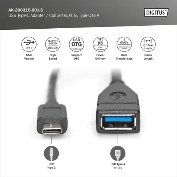 Digitus USB-C na USB-A kabel černý / Datový kabel / USB 3.0 / 1 m / 3 A / 5 Gbps (AK-300315-001-S)