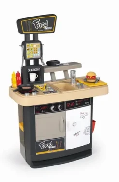 Smoby Food Corner oboustranná restaurace s kuchyňkou s terminálem a dávkovačem nápojů 29 doplňků