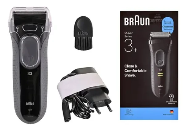 Braun Series 3+ 3000 černá/šedá / Holicí strojek / Planžetový / Voděodolný / Rychlé nabíjení (8700216735896)