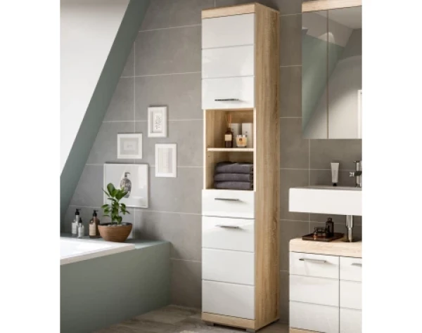 Vysoká koupelnová skříňka Lambada, dub sonoma/bílá lesk