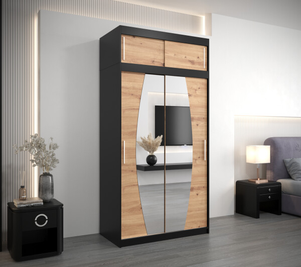 Šatní skříň Abi E0 s nástavcem Barva korpusu: Černá, Rozměry: 120 cm, Dveře: Dub artisan